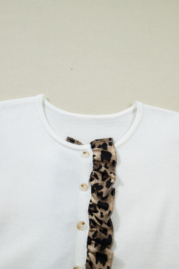 White Knitted Leopard Ruffle Patchwork Button Down Cropped Cardigan