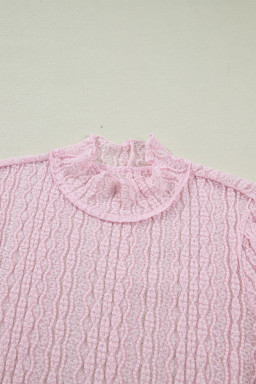 Light Pink Flounced Long Sleeve Mock Neck Sheer Lace Top