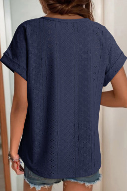 Navy Blue Solid Color Eyelet Jacquard Cuffed Short Sleeve Top