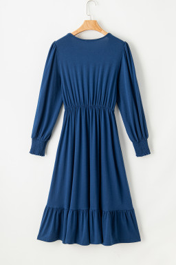 Sail Blue Solid Color Front Twist Puff Sleeve Ruffled Dress