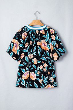 Black Floral Short Bubble Sleeve Buttoned Notched Neck Blouse