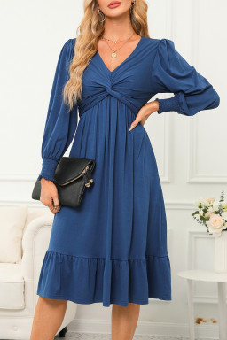 Sail Blue Solid Color Front Twist Puff Sleeve Ruffled Dress