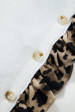 White Knitted Leopard Ruffle Patchwork Button Down Cropped Cardigan