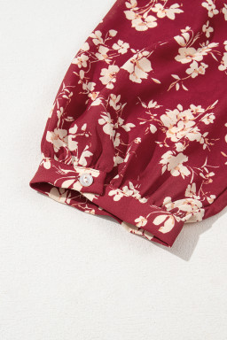 Red Floral Print Contrast Trim Button Tie Neck Swing Dress