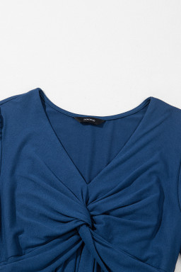 Sail Blue Solid Color Front Twist Puff Sleeve Ruffled Dress
