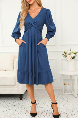 Sail Blue Solid Color Front Twist Puff Sleeve Ruffled Dress