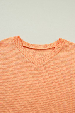 Grapefruit Orange Waffle V Neck Short Sleeve Knit Top