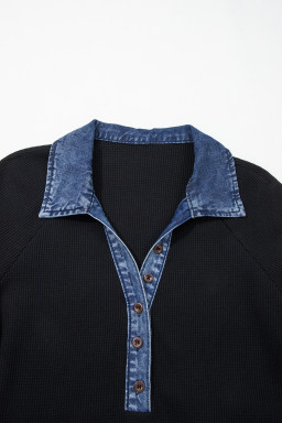 Black Waffle Knit Denim Contrast Trim Patchwork Button Polo Collar Top