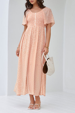 Pink Floral Print Button Smocked Bodice Long Dress