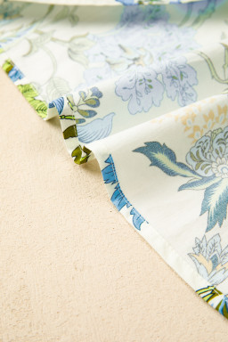 Sky Blue Plus Size Frilled V Neck Short Sleeve Floral Blouse