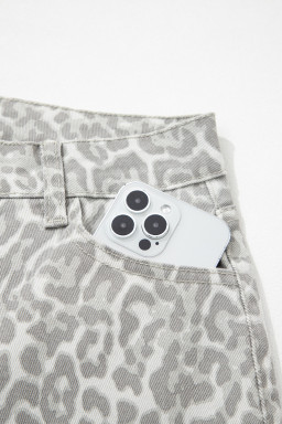 Gray Leopard Frayed Edge Wide Leg High Waist Jeans
