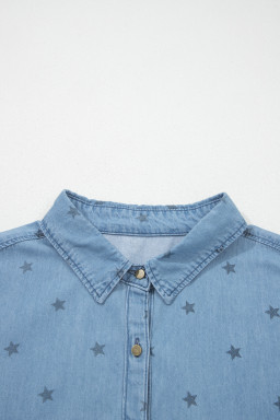 Beau Blue Star Allover Print Double Chest Pocket Short Sleeve Denim Shirt