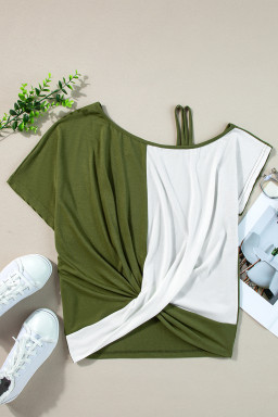 Fern Green Asymmetric Shoulder Color Block Twist Detail Loose Top