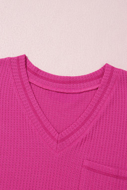 Rose Red Solid Color Waffled V Neck Loose Tee Drawstring Shorts Set