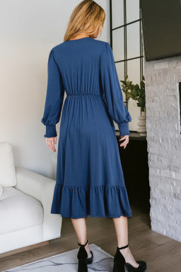 Sail Blue Solid Color Front Twist Puff Sleeve Ruffled Dress