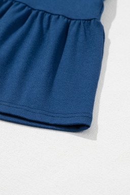 Sail Blue Solid Color Front Twist Puff Sleeve Ruffled Dress