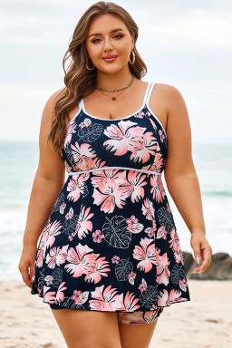 Black Plus Size Ribbed Contrast Trim Adjustable Straps 2pcs Swimsuit