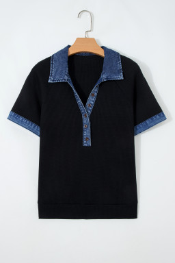 Black Waffle Knit Denim Contrast Trim Patchwork Button Polo Collar Top