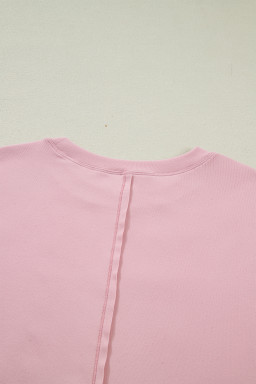 Light Pink Solid Color Bow Textured Patchwork Long Sleeve Tee