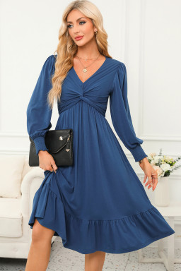 Sail Blue Solid Color Front Twist Puff Sleeve Ruffled Dress
