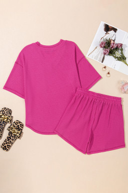 Rose Red Solid Color Waffled V Neck Loose Tee Drawstring Shorts Set