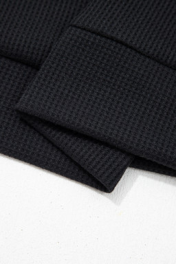 Black Waffle Knit Denim Contrast Trim Patchwork Button Polo Collar Top