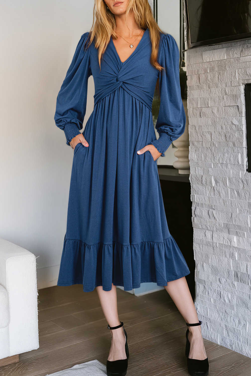 Sail Blue Solid Color Front Twist Puff Sleeve Ruffled Dress