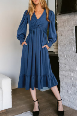 Sail Blue Solid Color Front Twist Puff Sleeve Ruffled Dress