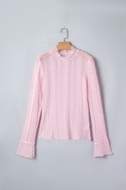 Light Pink Flounced Long Sleeve Mock Neck Sheer Lace Top