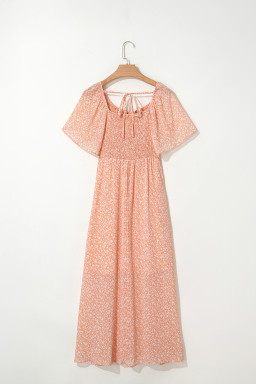 Pink Floral Print Button Smocked Bodice Long Dress