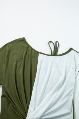 Fern Green Asymmetric Shoulder Color Block Twist Detail Loose Top
