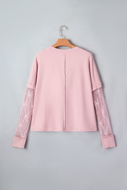 Light Pink Solid Color Bow Textured Patchwork Long Sleeve Tee