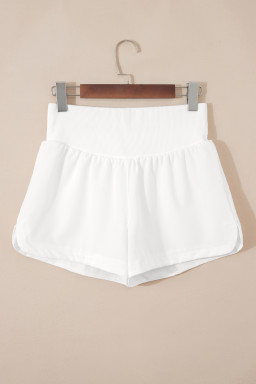 White Solid Color Ribbed Patchwork High Waist Athletic Shorts