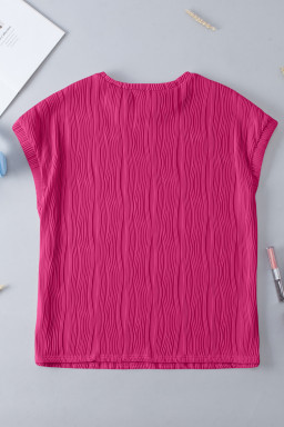 Rose Red Solid Color Wavy Textured Plus Size Tee