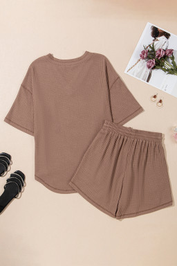Chestnut Solid Color Waffled V Neck Loose Tee Drawstring Shorts Set
