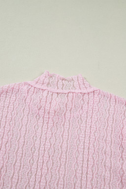 Light Pink Flounced Long Sleeve Mock Neck Sheer Lace Top