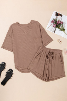 Chestnut Solid Color Waffled V Neck Loose Tee Drawstring Shorts Set