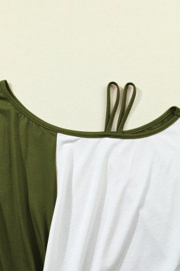 Fern Green Asymmetric Shoulder Color Block Twist Detail Loose Top