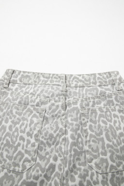 Gray Leopard Frayed Edge Wide Leg High Waist Jeans