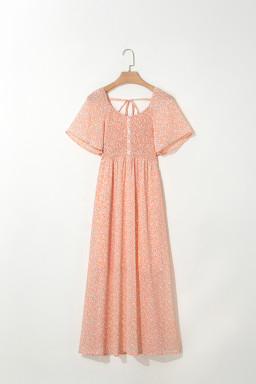 Pink Floral Print Button Smocked Bodice Long Dress