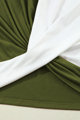 Fern Green Asymmetric Shoulder Color Block Twist Detail Loose Top