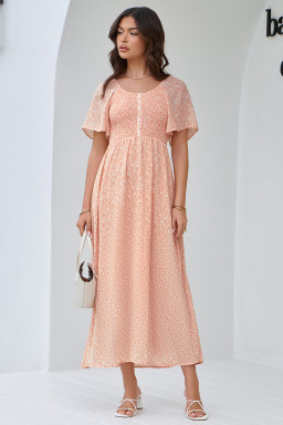 Pink Floral Print Button Smocked Bodice Long Dress