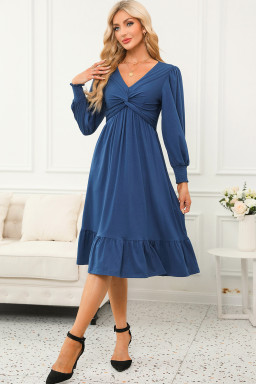 Sail Blue Solid Color Front Twist Puff Sleeve Ruffled Dress