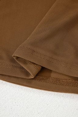 Coffee Sheer Mesh Patchwork High Neck Long Sleeve Top