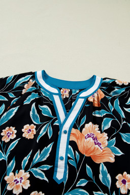 Black Floral Short Bubble Sleeve Buttoned Notched Neck Blouse