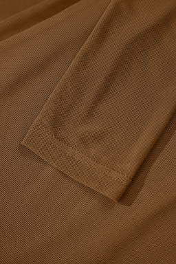 Coffee Sheer Mesh Patchwork High Neck Long Sleeve Top