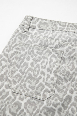 Gray Leopard Frayed Edge Wide Leg High Waist Jeans