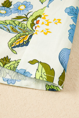 Sky Blue Plus Size Frilled V Neck Short Sleeve Floral Blouse