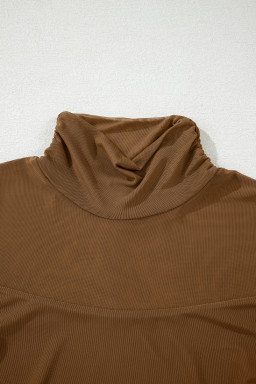 Coffee Sheer Mesh Patchwork High Neck Long Sleeve Top