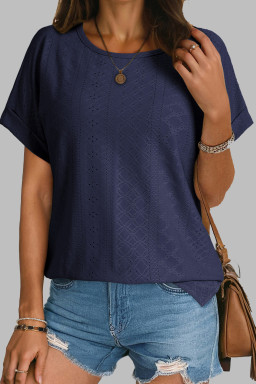 Navy Blue Solid Color Eyelet Jacquard Cuffed Short Sleeve Top